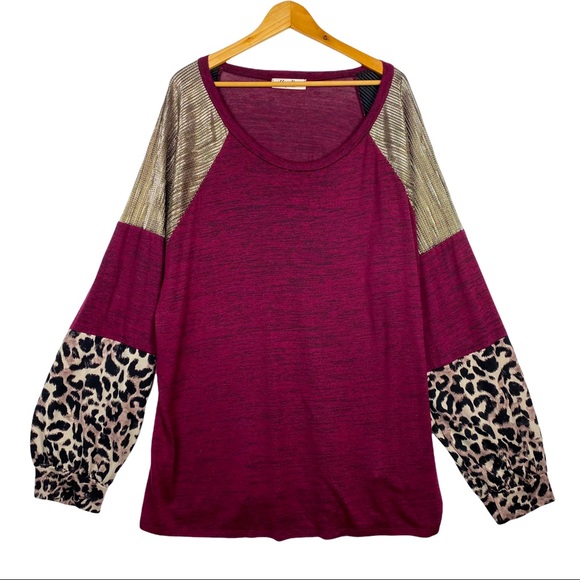 Haptics Animal Print Burgundy Balloon Sleeve Metallic Stretchy Lightweight Top - Picture 1 of 7